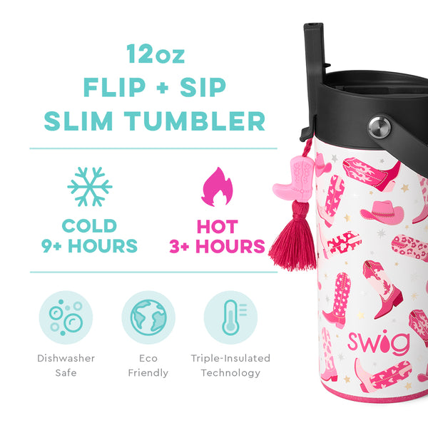 Swig Life 12oz Let's Go Girls Flip + Sip Slim Tumbler temperature infographic - cold 9+ hours or hot 3+ hours