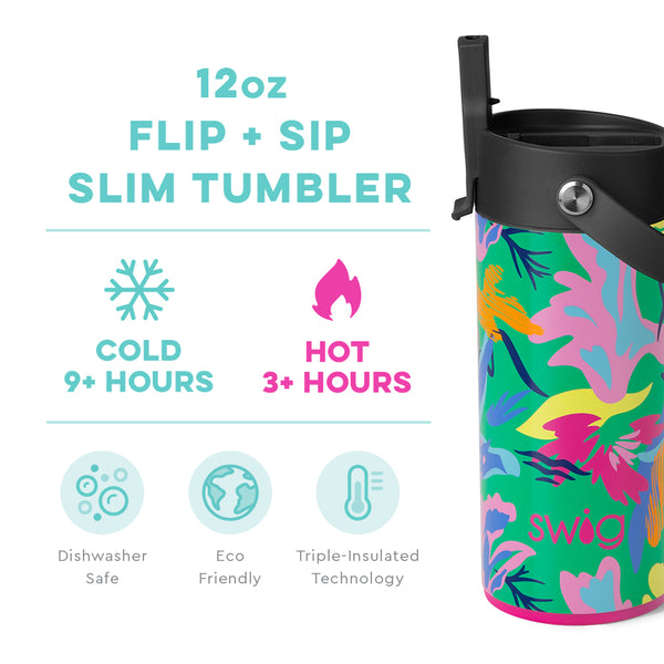 Swig Life 12oz Paradise Flip + Sip Slim Tumbler temperature infographic - cold 9+ hours or hot 3+ hours