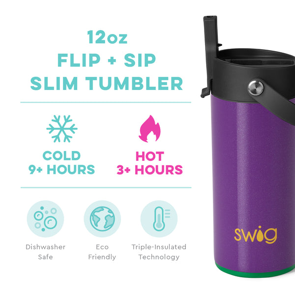Swig Life 12oz Pardi Gras Flip + Sip Slim Tumbler temperature infographic - cold 9+ hours or hot 3+ hours