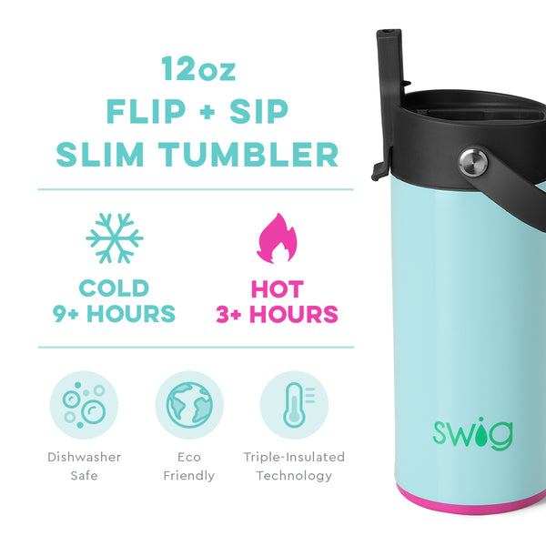 Swig Life 12oz Prep Rally Flip + Sip Slim Tumbler temperature infographic - cold 9+ hours or hot 3+ hours