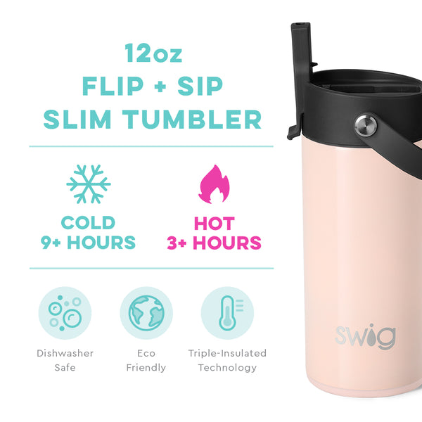 Swig Life 12oz Shimmer Ballet Flip + Sip Slim Tumbler temperature infographic - cold 9+ hours or hot 3+ hours