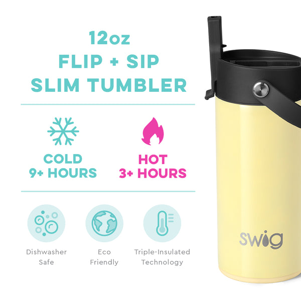 Swig Life 12oz Shimmer Buttercup Flip + Sip Slim Tumbler temperature infographic - cold 9+ hours or hot 3+ hours