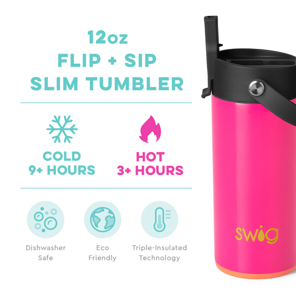 Swig Life 12oz Tutti Frutti Flip + Sip Slim Tumbler temperature infographic - cold 9+ hours or hot 3+ hours