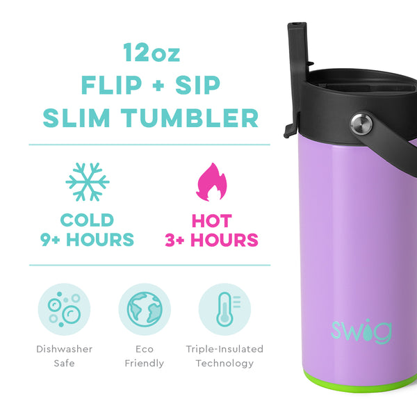 Swig Life 12oz Ultra Violet Flip + Sip Slim Tumbler temperature infographic - cold 9+ hours or hot 3+ hours