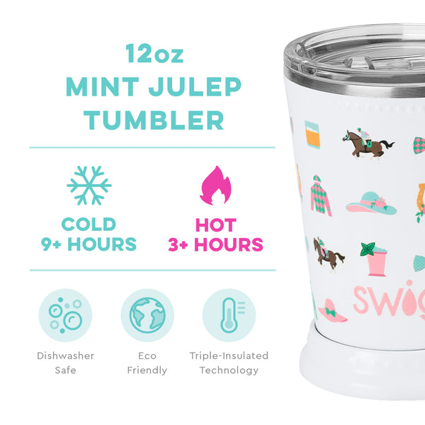 Swig Life 12oz Derby Day Mint Julep temperature infographic - cold 9+ hours or hot 3+ hours