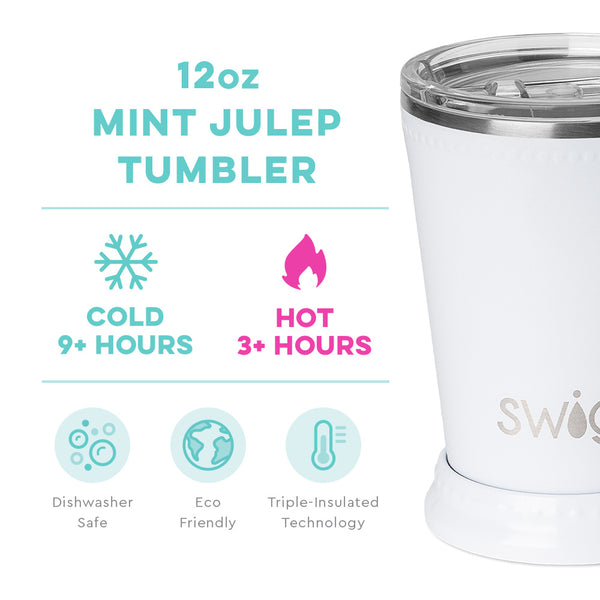 Swig Life 12oz Shimmer White Mint Julep Tumbler temperature infographic - cold 9+ hours or hot 3+ hours