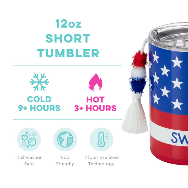 Swig Life 12oz All American Short Tumbler temperature infographic - cold 9+ hours or hot 3+ hours