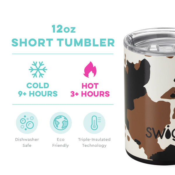 Swig Life 12oz Hayride Cow Print Short Tumbler temperature infographic - cold 9+ hours or hot 3+ hours