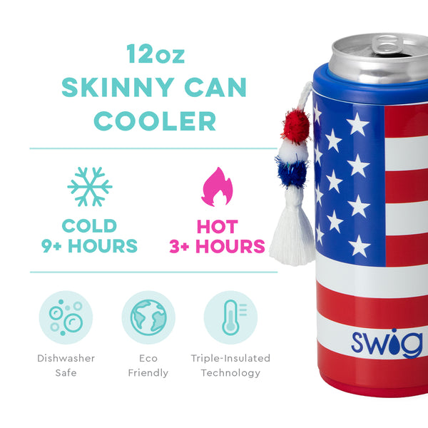 Swig Life 12oz All American Skinny Can Cooler temperature infographic - cold 9+ hours or hot 3+ hours