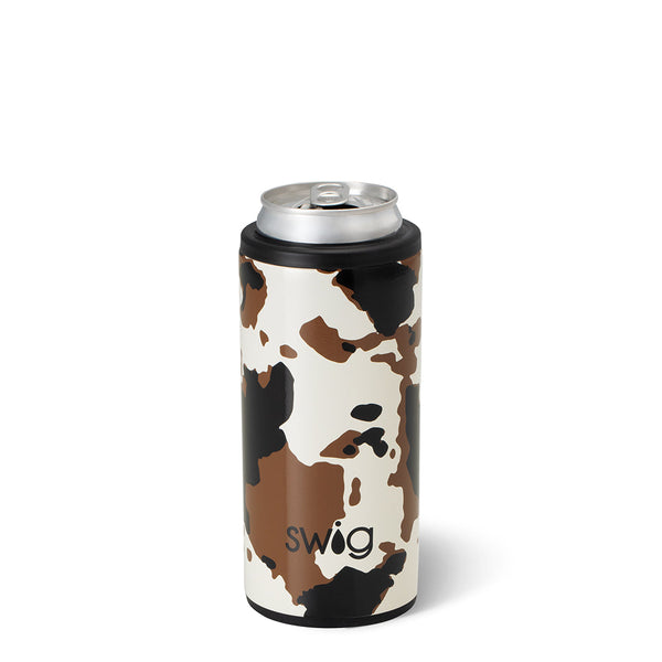 Swig Life 12oz Hayride Cow Print Insulated Skinny Can Cooler