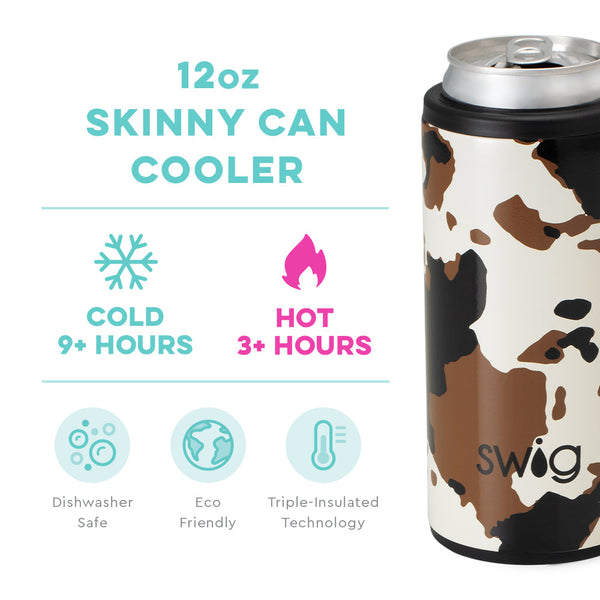 Swig Life 12oz Hayride Cow Print Skinny Can Cooler temperature infographic - cold 9+ hours or hot 3+ hours