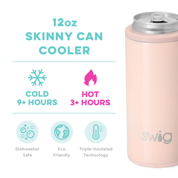 Swig Life 12oz Shimmer Ballet Skinny Can Cooler temperature infographic - cold 9+ hours or hot 3+ hours