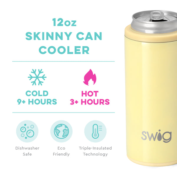 Swig Life 12oz Shimmer Buttercup Skinny Can Cooler temperature infographic - cold 9+ hours or hot 3+ hours