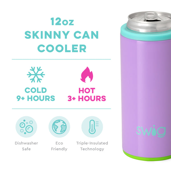 Swig Life 12oz Ultra Violet Skinny Can Cooler temperature infographic - cold 9+ hours or hot 3+ hours