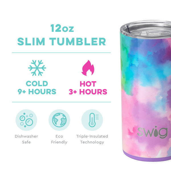 Swig Life 12oz Cloud Nine Slim Tumbler temperature infographic - cold 9+ hours or hot 3+ hours