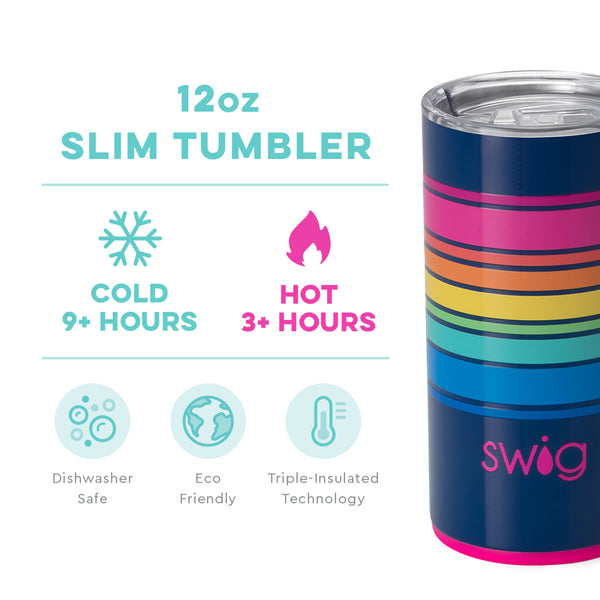 Swig Life 12oz Electric Slide Slim Tumbler temperature infographic - cold 9+ hours or hot 3+ hours