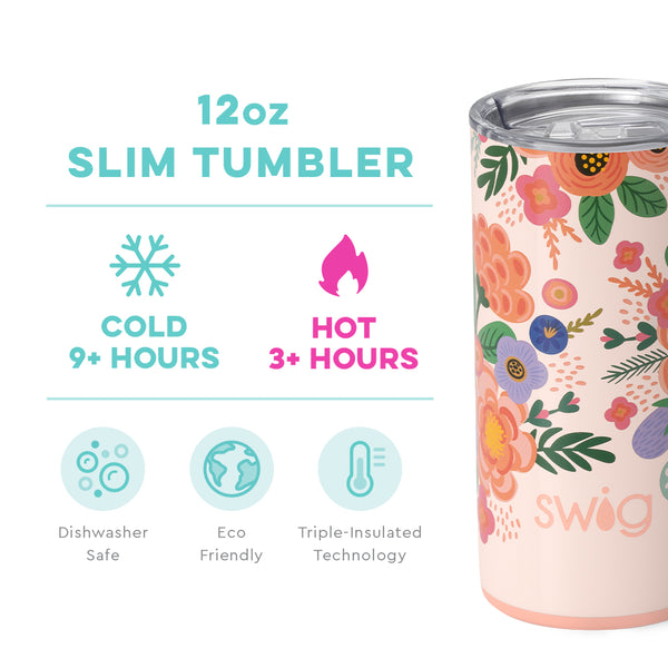 Swig Life 12oz Full Bloom Slim Tumbler temperature infographic - cold 9+ hours or hot 3+ hours