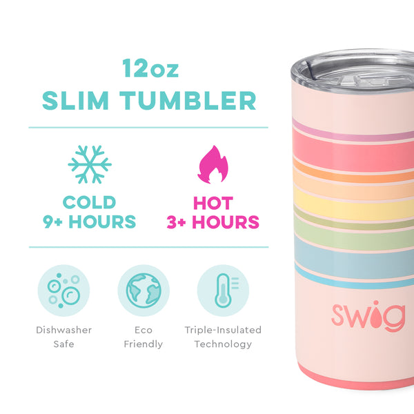 Swig Life 12oz Good Vibrations Slim Tumbler temperature infographic - cold 9+ hours or hot 3+ hours