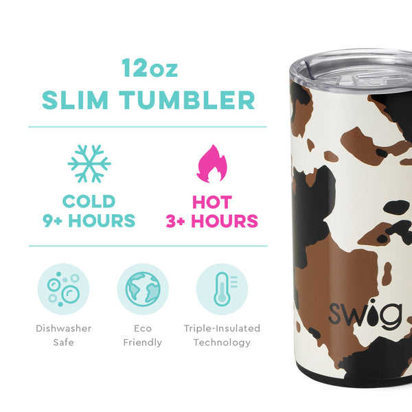 Swig Life 12oz Hayride Cow Print Short Tumbler temperature infographic - cold 9+ hours or hot 3+ hours