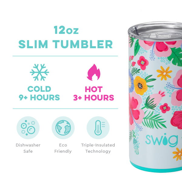 Swig Life 12oz Island Bloom Slim Tumbler temperature infographic - cold 9+ hours or hot 3+ hours