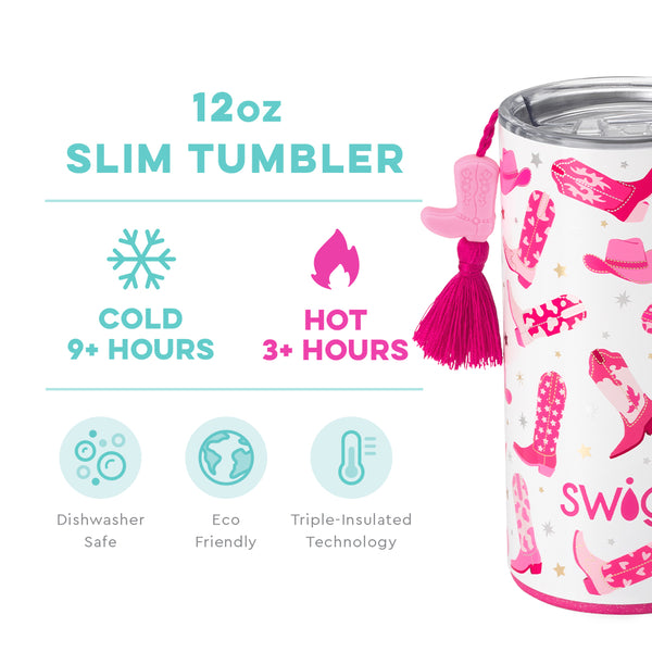Swig Life 12oz Let's Go Girls Slim Tumbler temperature infographic - cold 9+ hours or hot 3+ hours
