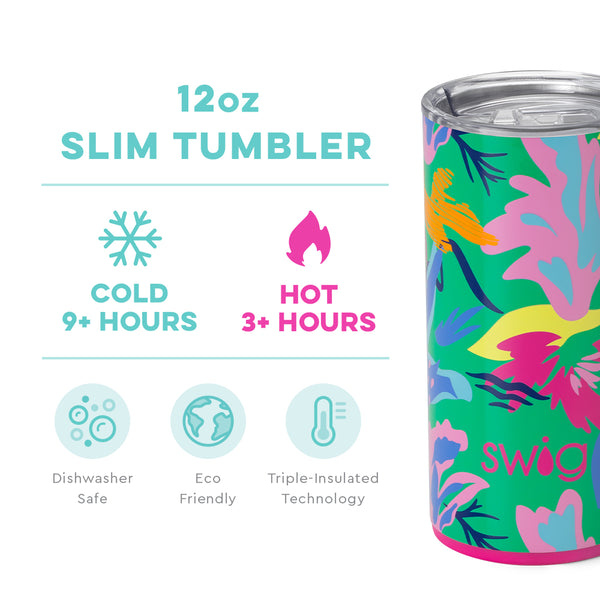 Swig Life 12oz Paradise Slim Tumbler temperature infographic - cold 9+ hours or hot 3+ hours