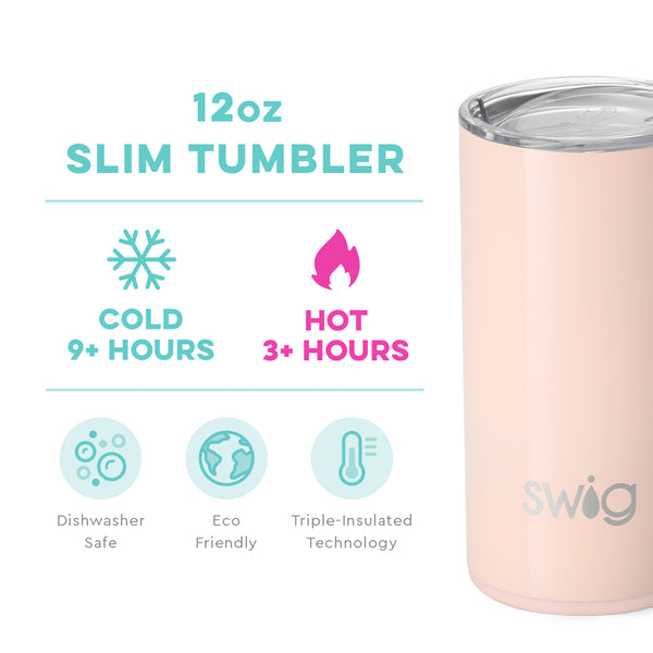 Swig Life 12oz Shimmer Ballet Slim Tumbler temperature infographic - cold 9+ hours or hot 3+ hours