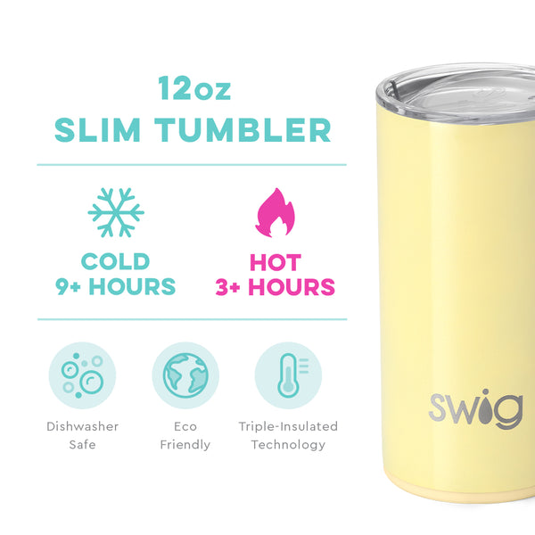 Swig Life 12oz Shimmer Buttercup Slim Tumbler temperature infographic - cold 9+ hours or hot 3+ hours