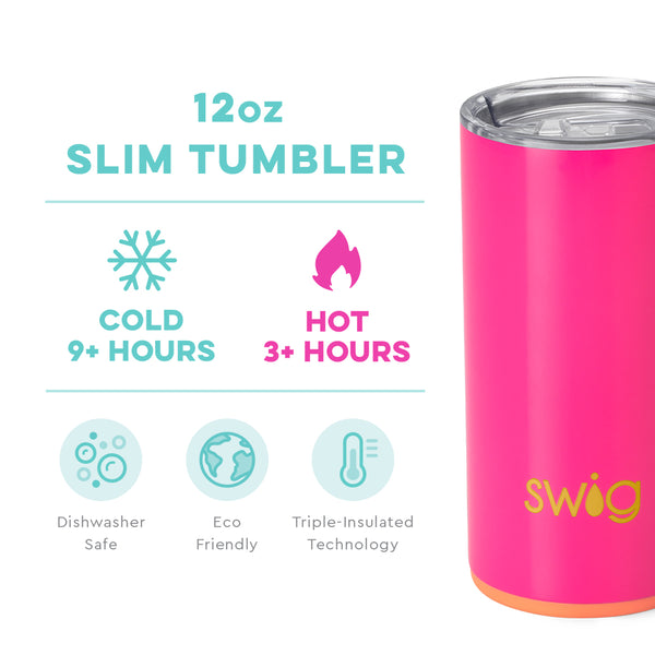 Swig Life 12oz Tutti Frutti Slim Tumbler temperature infographic - cold 9+ hours or hot 3+ hours