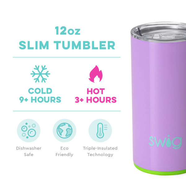 Swig Life 12oz Ultra Violet Slim Tumbler temperature infographic - cold 9+ hours or hot 3+ hours