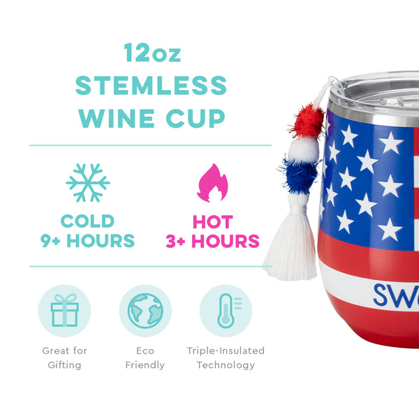 Swig Life 12oz All American Stemless Wine Cup temperature infographic - cold 9+ hours or hot 3+ hours