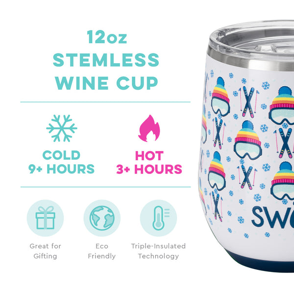 Swig Life 12oz Après Ski Stemless Wine Cup temperature infographic - cold 9+ hours or hot 3+ hours