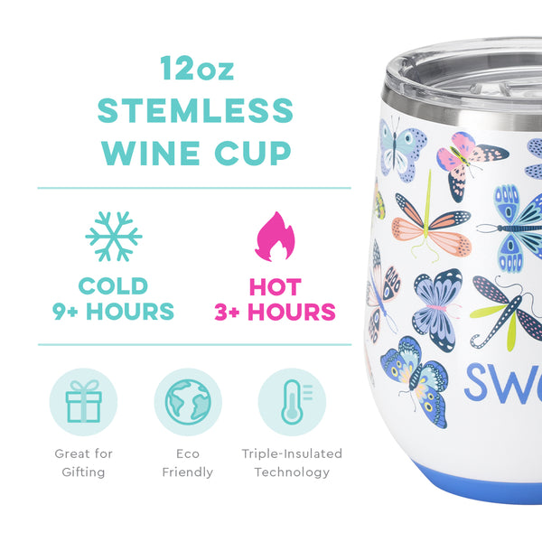 Swig Life 12oz Butterfly Bliss Stemless Wine Cup temperature infographic - cold 9+ hours or hot 3+ hours