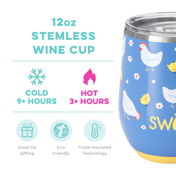 Swig Life 12oz Chicks Dig It Stemless Wine Cup temperature infographic - cold 9+ hours or hot 3+ hours