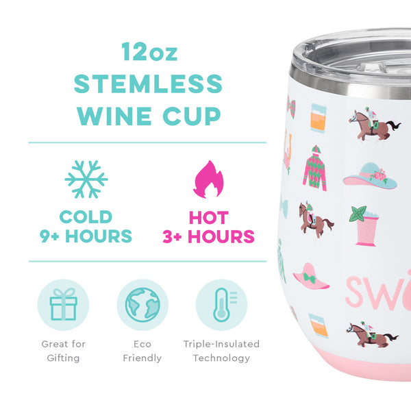 Swig Life 12oz Derby Day Stemless Wine Cup temperature infographic - cold 9+ hours or hot 3+ hours