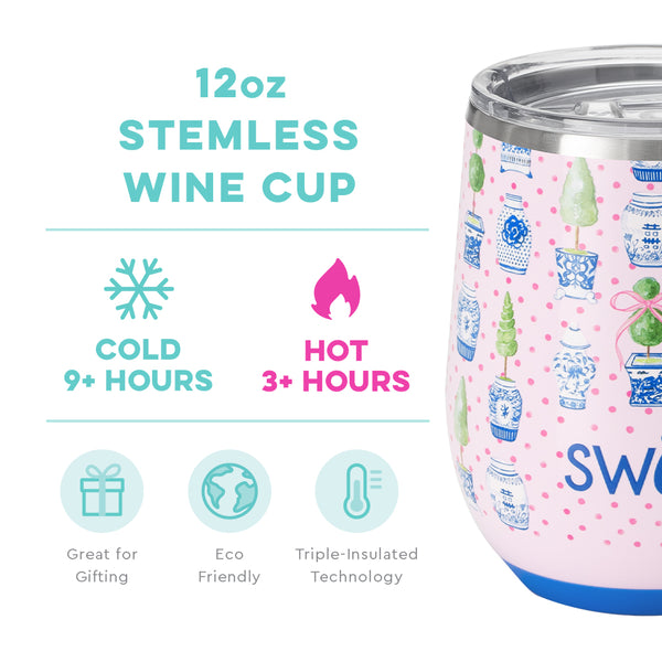 Swig Life 12oz Ginger Jars Stemless Wine Cup temperature infographic - cold 9+ hours or hot 3+ hours
