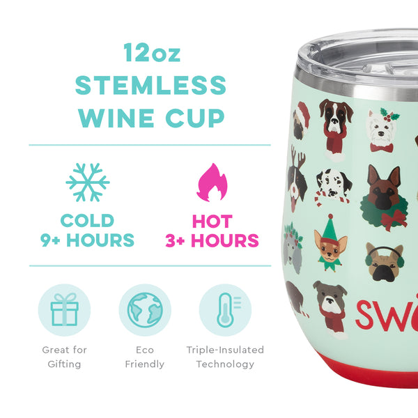 Swig Life 12oz Happy Howlidays Stemless Wine Cup temperature infographic - cold 9+ hours or hot 3+ hours
