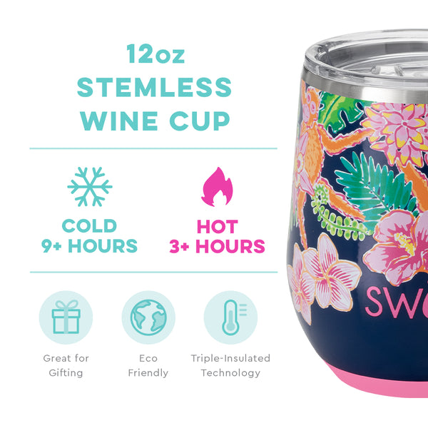 Swig Life 12oz Jungle Gym Stemless Wine Cup temperature infographic - cold 9+ hours or hot 3+ hours