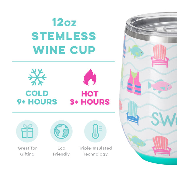 Swig Life 12oz Lake Girl Stemless Wine Cup temperature infographic - cold 9+ hours or hot 3+ hours