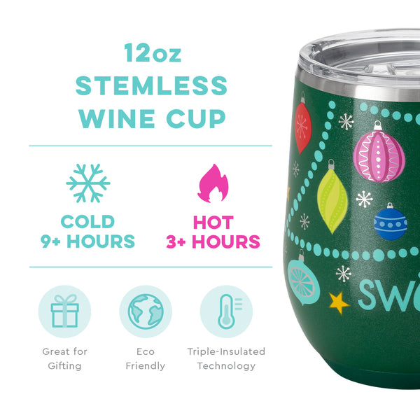 Swig Life 12oz O Christmas Tree Stemless Wine Cup temperature infographic - cold 9+ hours or hot 3+ hours