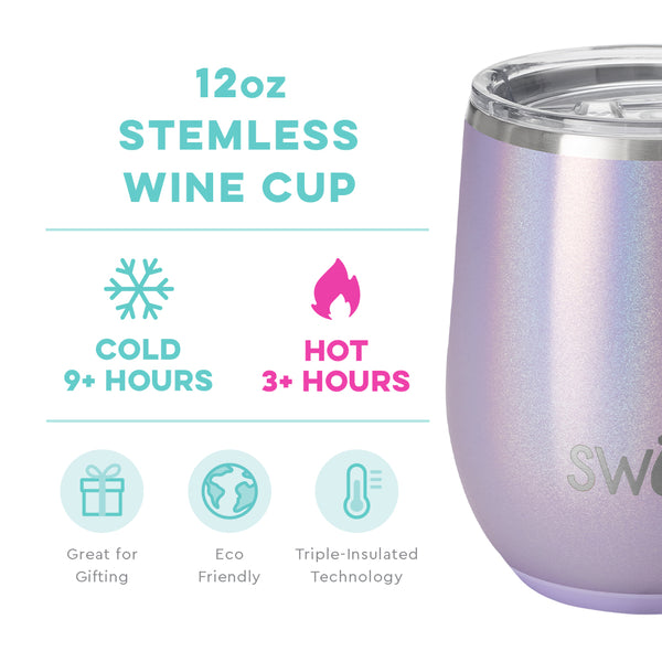 Swig Life 12oz Pixie Stemless Wine Cup temperature infographic - cold 9+ hours or hot 3+ hours
