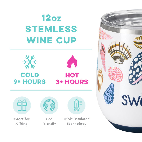 Swig Life 12oz Sea La Vie Stemless Wine Cup temperature infographic - cold 9+ hours or hot 3+ hours
