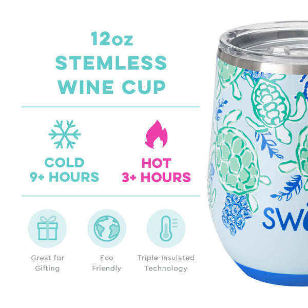 Swig Life 12oz Shell Yeah Stemless Wine Cup temperature infographic - cold 9+ hours or hot 3+ hours