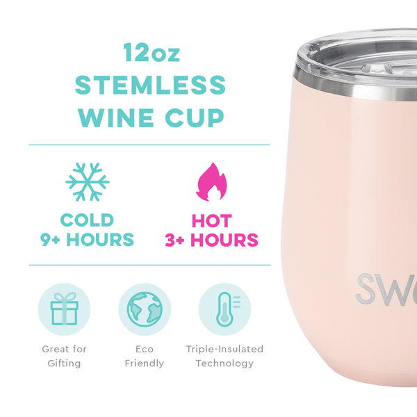 Swig Life 12oz Shimmer Ballet Stemless Wine Cup temperature infographic - cold 9+ hours or hot 3+ hours
