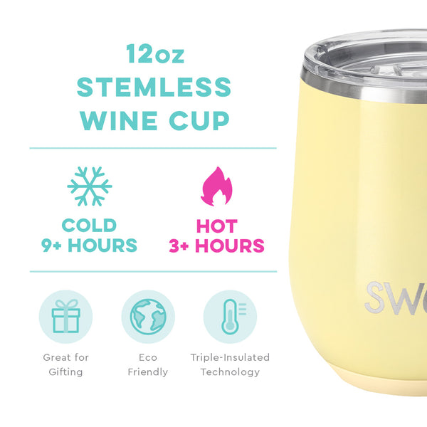 Swig Life 12oz Shimmer Buttercup Stemless Wine Cup temperature infographic - cold 9+ hours or hot 3+ hours