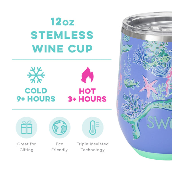 Swig Life 12oz Under the Sea Stemless Wine Cup temperature infographic - cold 9+ hours or hot 3+ hours