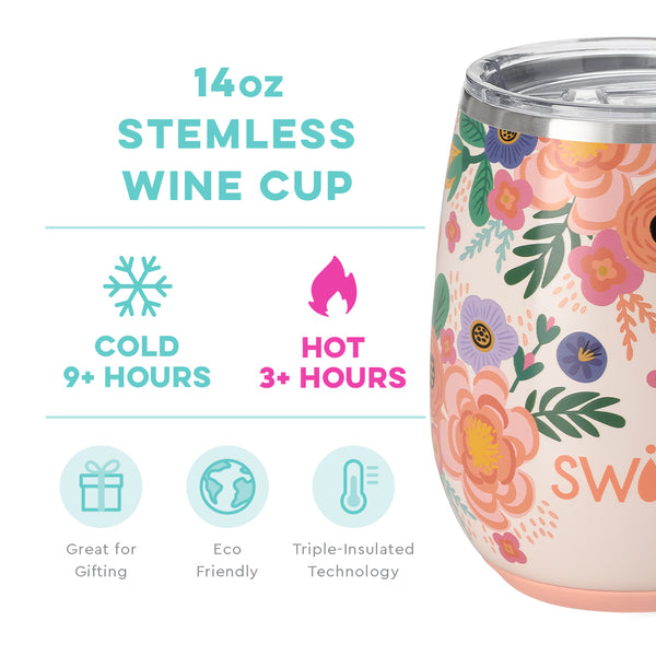 Swig Life 14oz Full Bloom Stemless Wine Cup temperature infographic - cold 9+ hours or hot 3+ hours