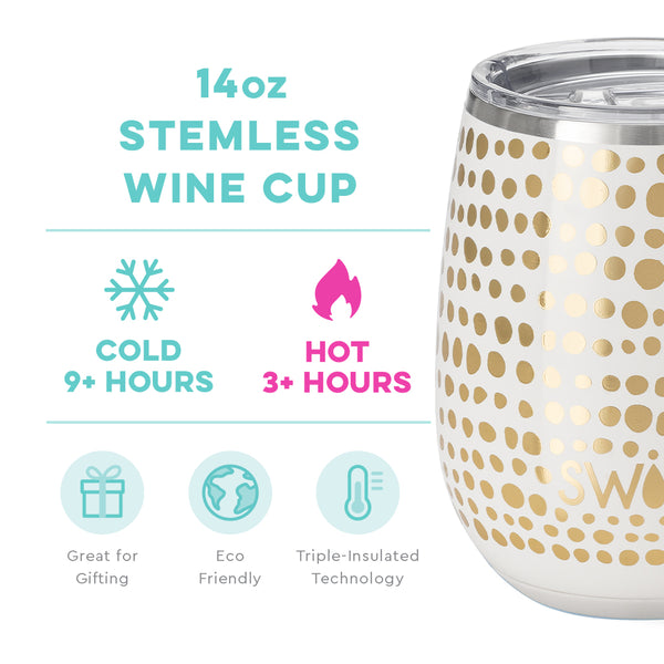 Swig Life 14oz Glamazon Gold Stemless Wine Cup temperature infographic - cold 9+ hours or hot 3+ hours