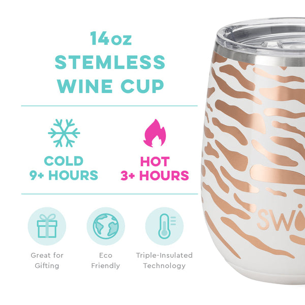 Swig Life 14oz Glamazon Rose Stemless Wine Cup temperature infographic - cold 9+ hours or hot 3+ hours