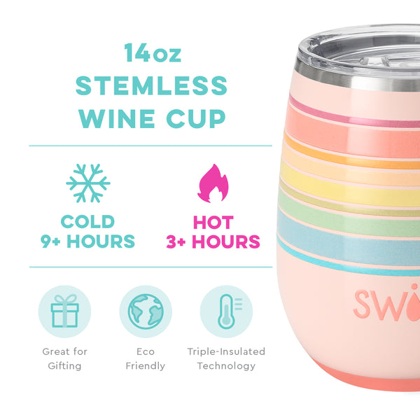 Swig Life 14oz Good Vibrations Stemless Wine Cup temperature infographic - cold 9+ hours or hot 3+ hours